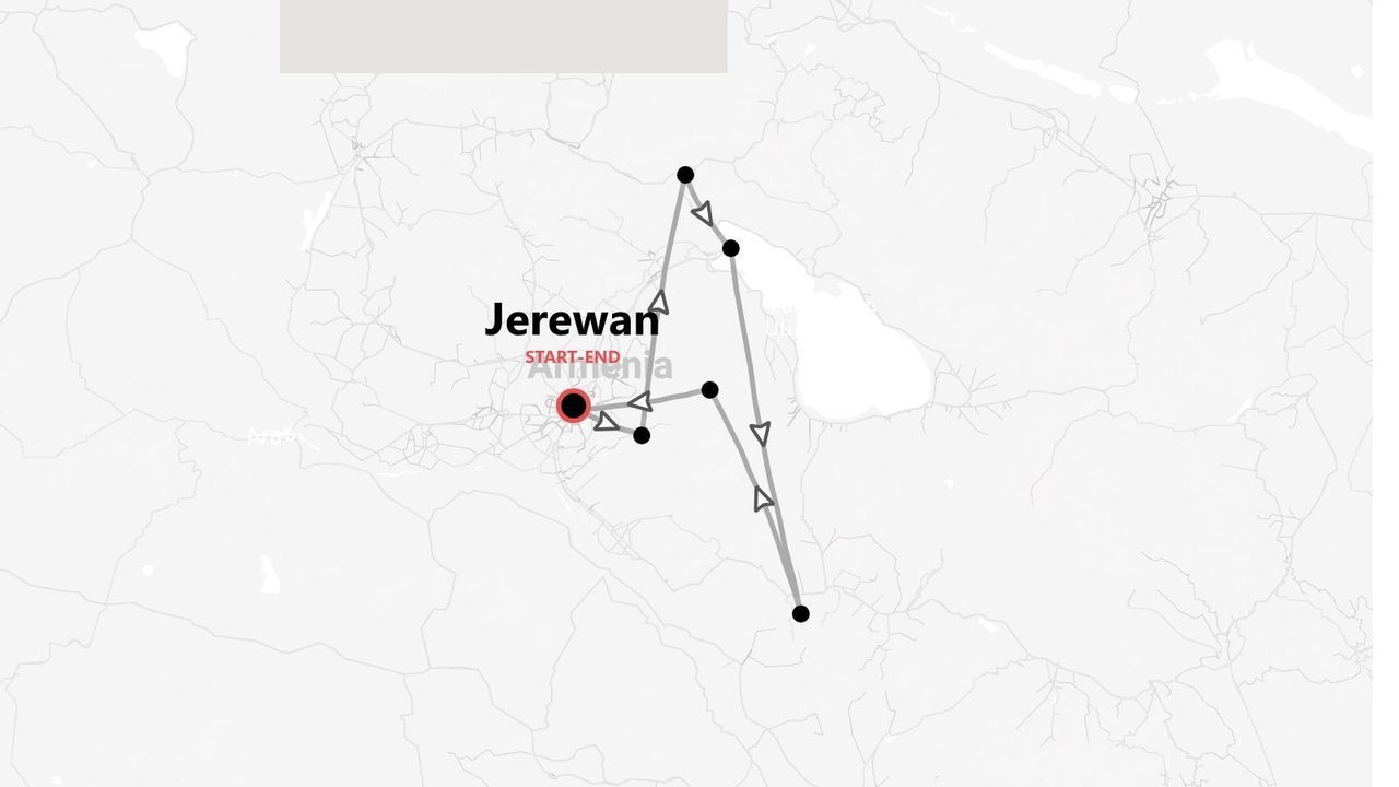 Karte einer Armenien-Rundreise, Start und Ende in Jerewan.
