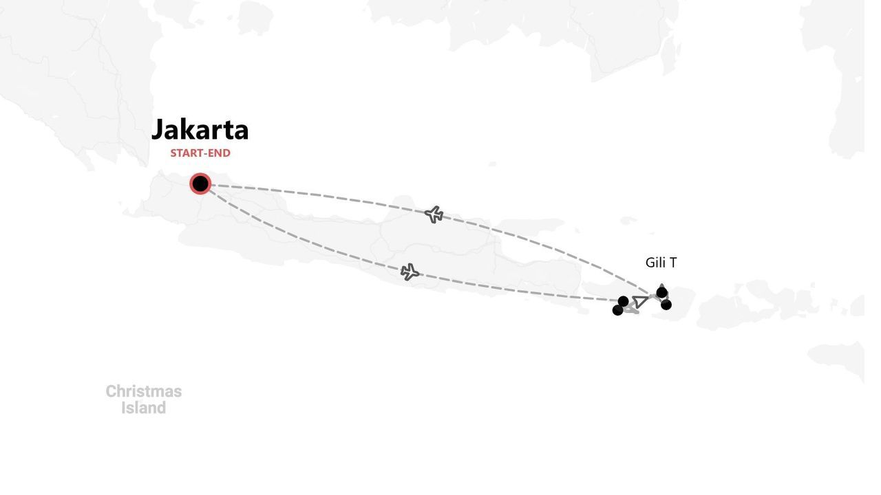 Eine Karte einer Reiseroute in Indonesien, die in Jakarta beginnt und endet und die Reise zur und um die Insel Gili T. zeigt.