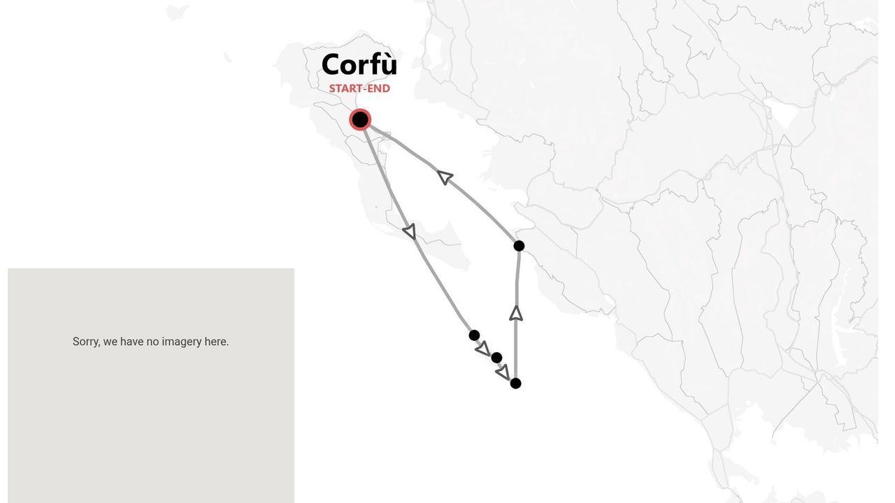 Una mappa che mostra un itinerario di viaggio con partenza e arrivo a Corfù, con il percorso indicato da linee, frecce e punti di interesse.