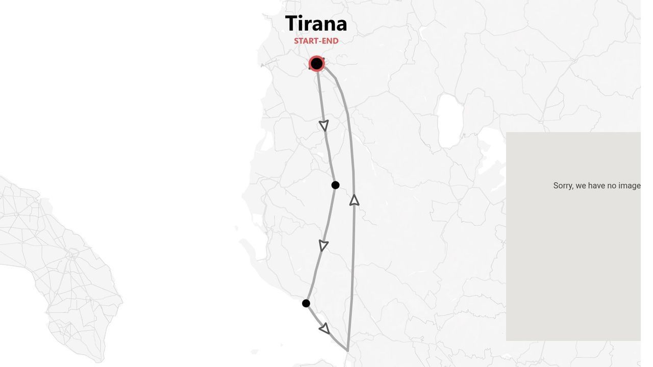 Carte d'un itinéraire de voyage en Albanie, au départ et à l'arrivée de Tirana.