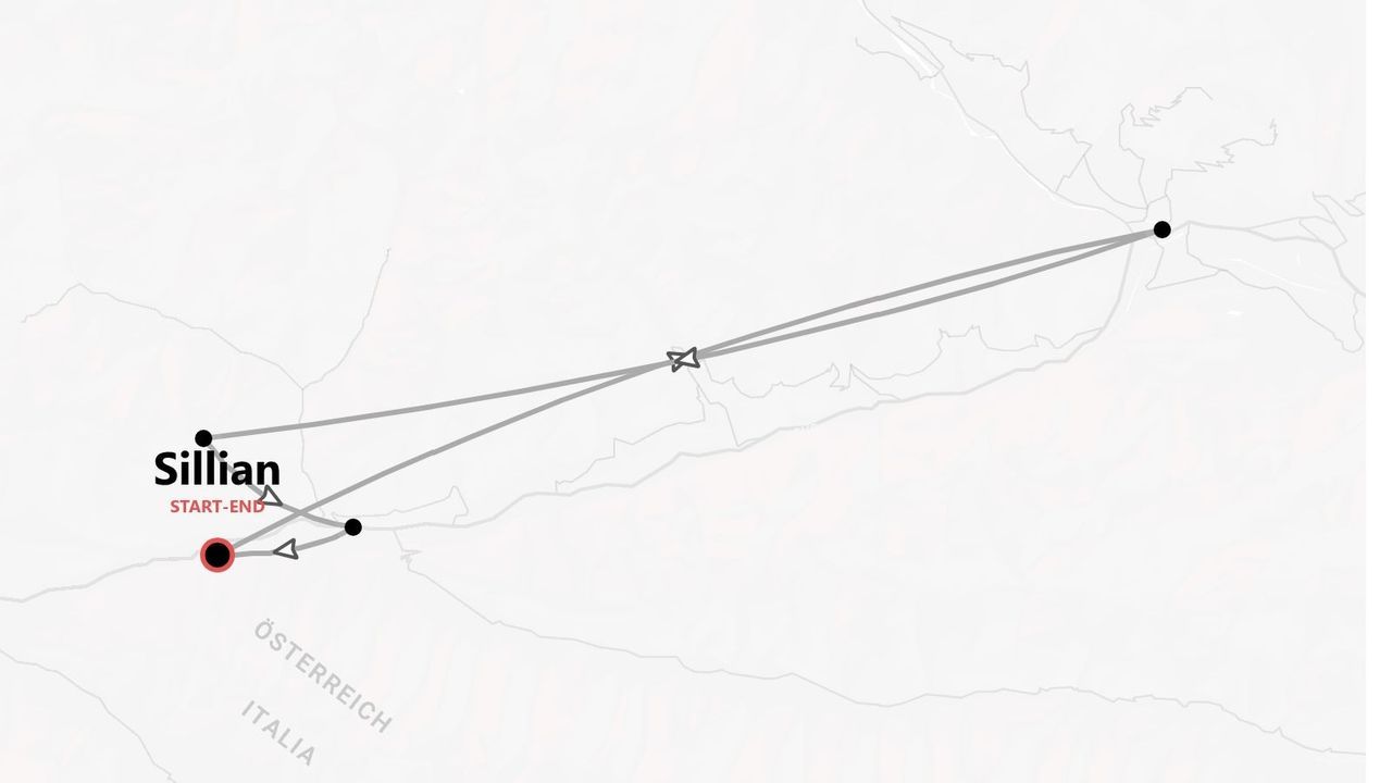 Eine Karte mit einer Reiseroute, die in Sillian an der Grenze zwischen Österreich und Italien beginnt und endet.