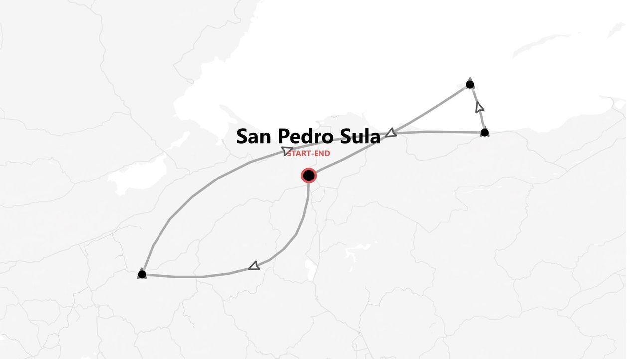 Eine Karte, die eine Reiseroute zeigt, die in San Pedro Sula beginnt und endet, markiert mit einem roten Punkt und dem Text 'START-END'.