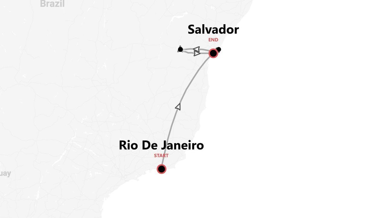 Una mappa del Brasile che mostra un itinerario di viaggio con partenza da Rio De Janeiro e arrivo a Salvador.
