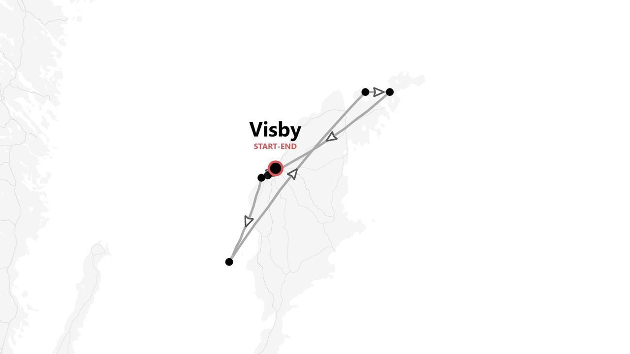 Eine minimalistische Karte, die eine Reiseroute zeigt, die in Visby beginnt und endet.