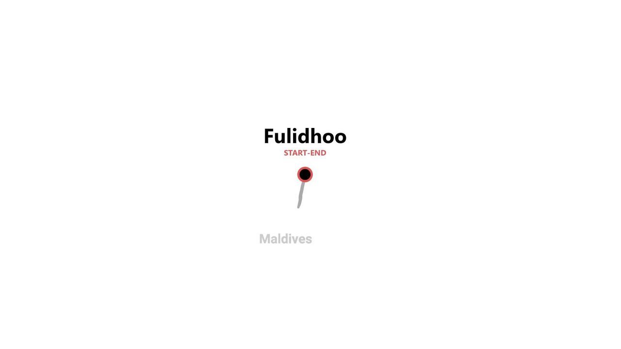 Una grafica di mappa minimalista che mostra un pin su Fulidhoo, Maldive, contrassegnato come punto di inizio e fine di un viaggio.