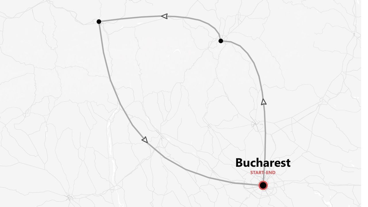 A greyscale map showing a looped tour itinerary that starts and ends in Bucharest.