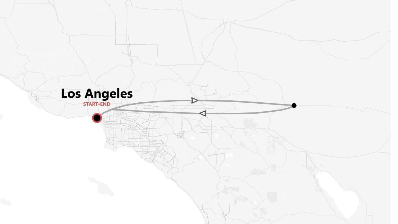 A minimalist map showing a round-trip itinerary starting and ending in Los Angeles, looping eastward into the desert.
