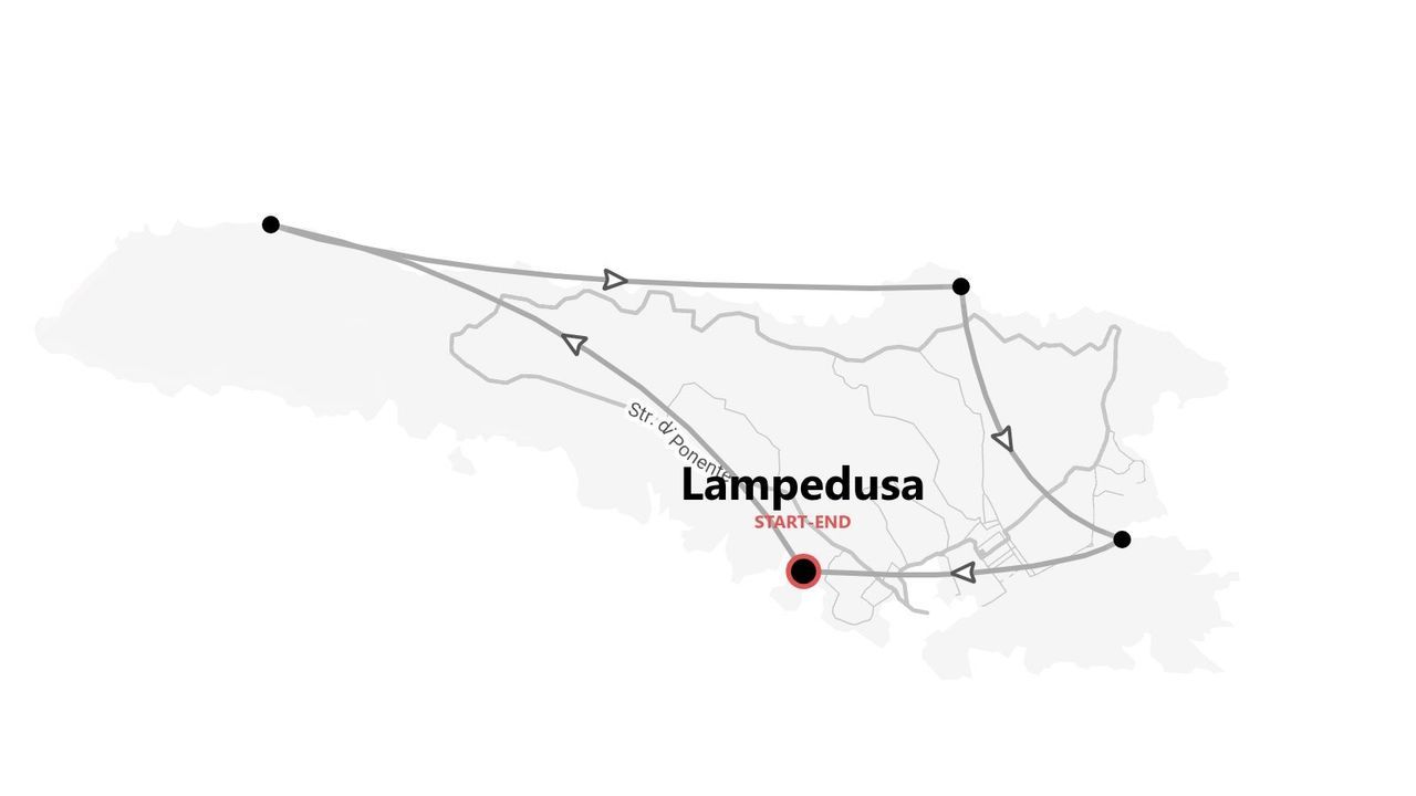 Una mappa stilizzata di un itinerario di viaggio sull'isola di Lampedusa, che mostra il percorso con varie tappe e un unico punto di partenza e arrivo.
