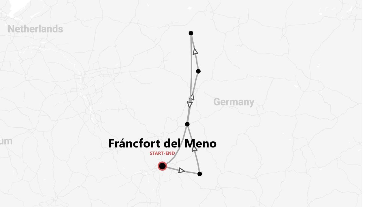 Mapa de ruta turística por Alemania, con inicio y fin en Fráncfort del Meno.