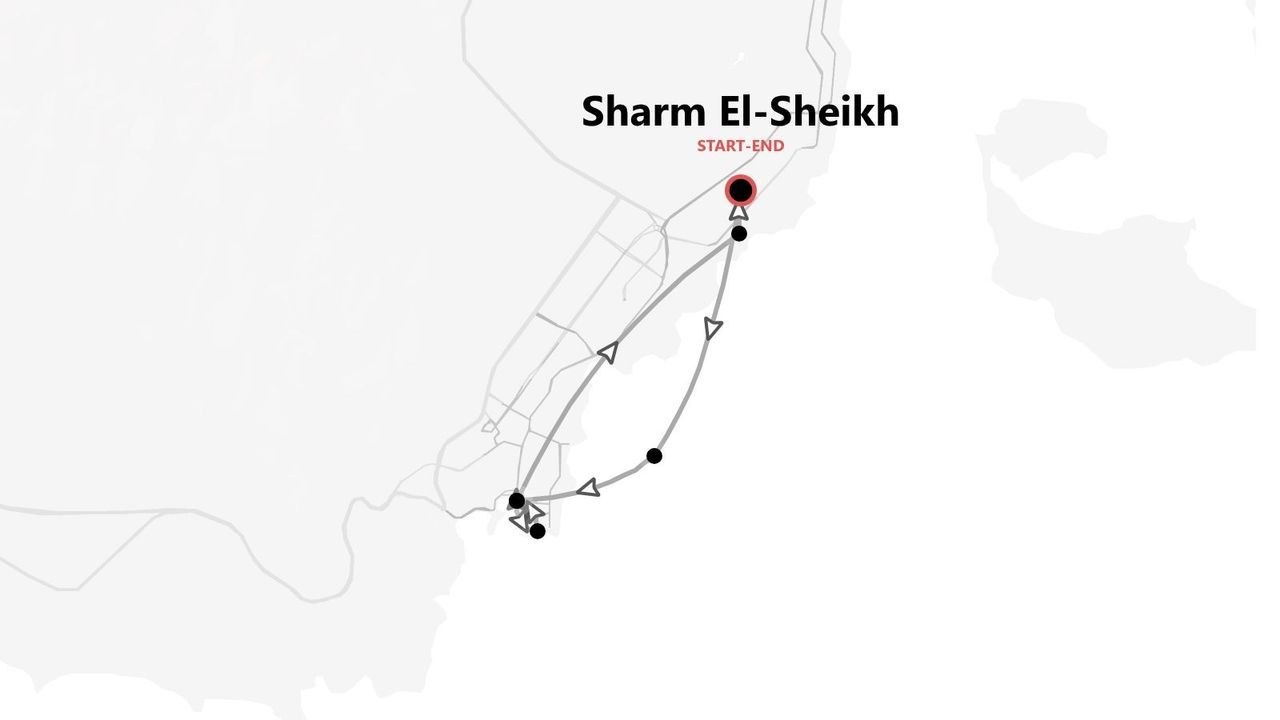 Una mappa minimalista che mostra un itinerario ad anello con partenza e arrivo a Sharm El Sheikh.