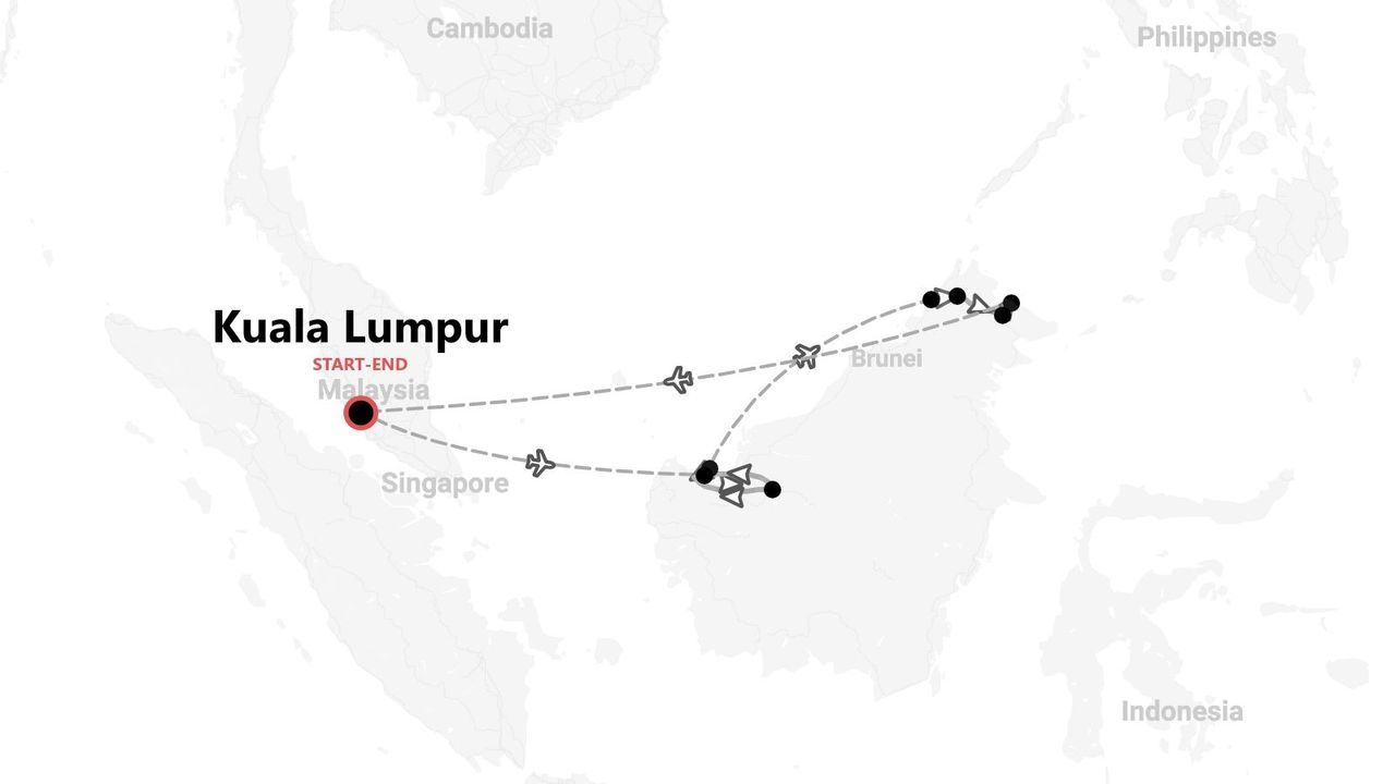 Un mapa que muestra una ruta turística que comienza y termina en Kuala Lumpur, Malasia, con varias paradas en la isla de Borneo.