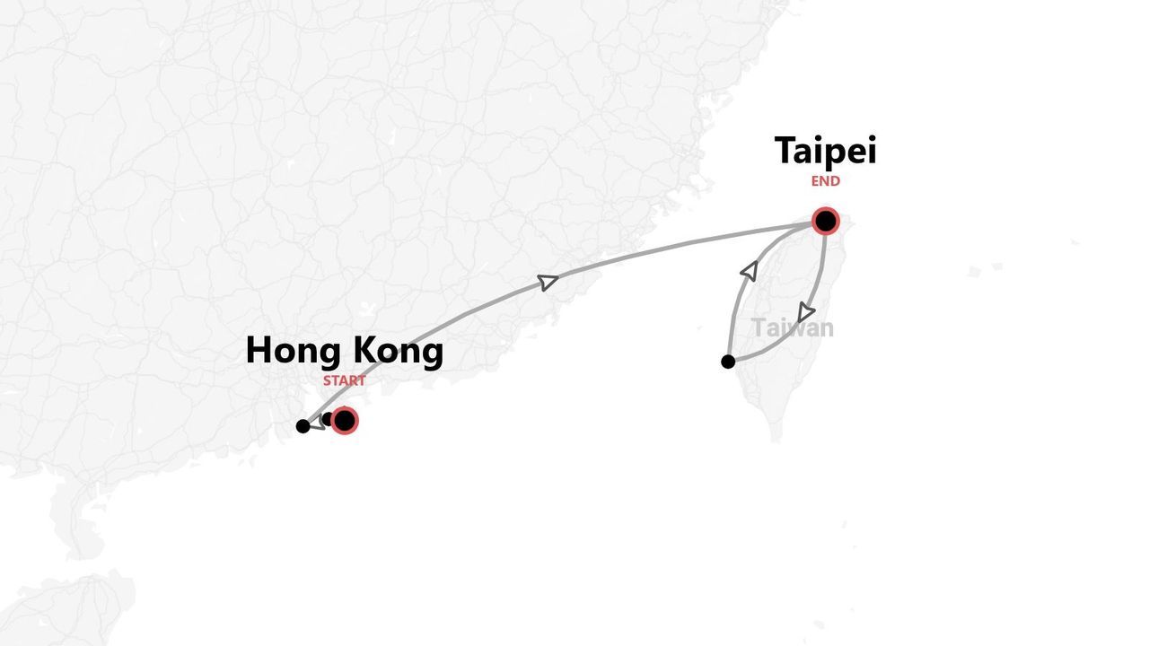 Una mappa che mostra un itinerario di viaggio che parte da Hong Kong, circumnaviga l'isola di Taiwan e termina a Taipei.