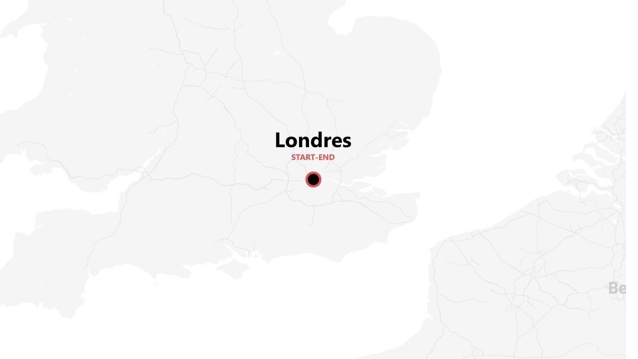 Mapa simplificado con un pin en Londres, Gran Bretaña, marcando el inicio y fin de un viaje.