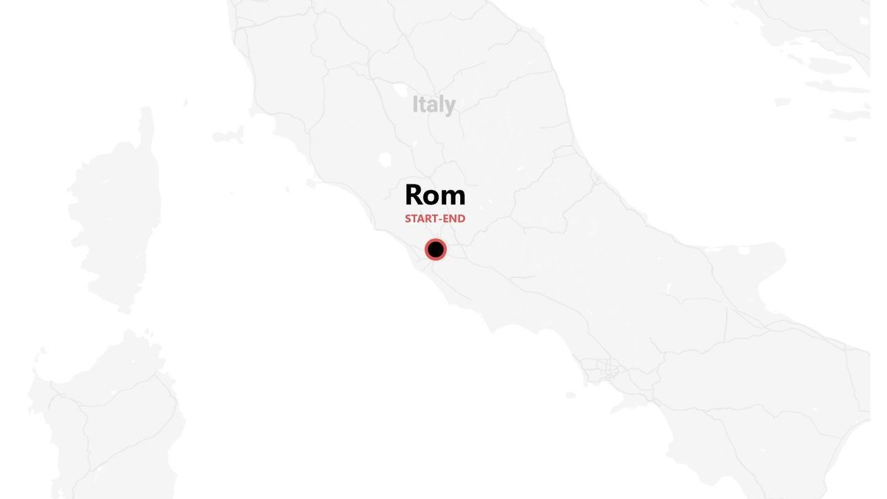 Eine Karte von Italien, die Rom als Start- und Endpunkt einer Reiseroute hervorhebt.