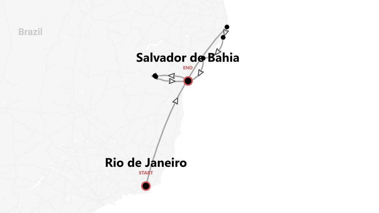 Una mappa che mostra un percorso turistico in Brasile, con partenza da Rio de Janeiro e arrivo a Salvador de Bahia.