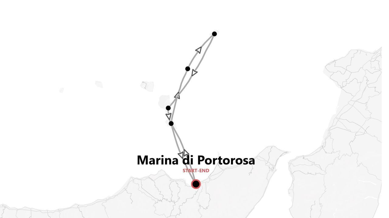 Una mappa che mostra una rotta di navigazione con più tappe, con partenza e arrivo a Marina di Portorosa.