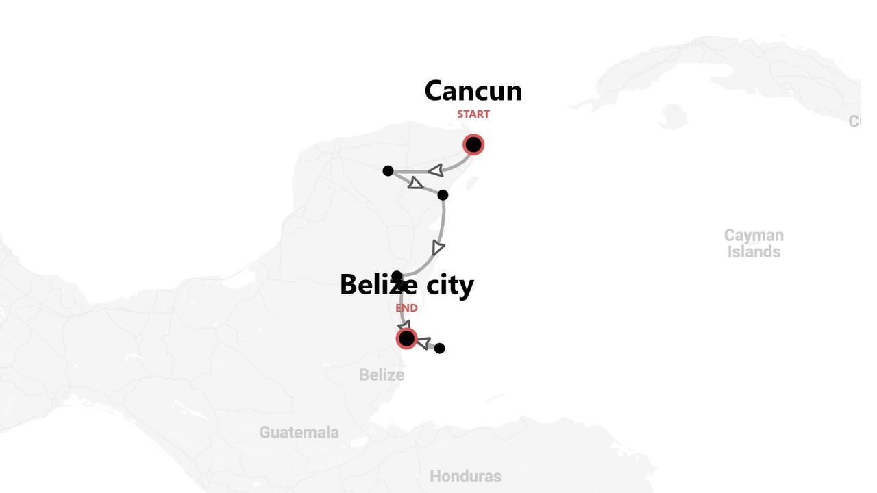 Mappa di un itinerario da Cancún, Messico, a Belize City, Belize.