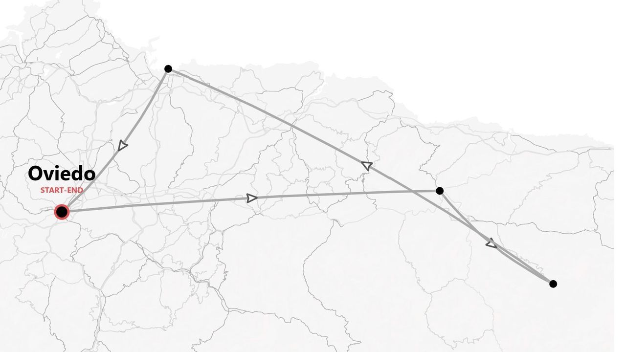 Un mapa en escala de grises que muestra una ruta de viaje con puntos clave, con inicio y fin en Oviedo.