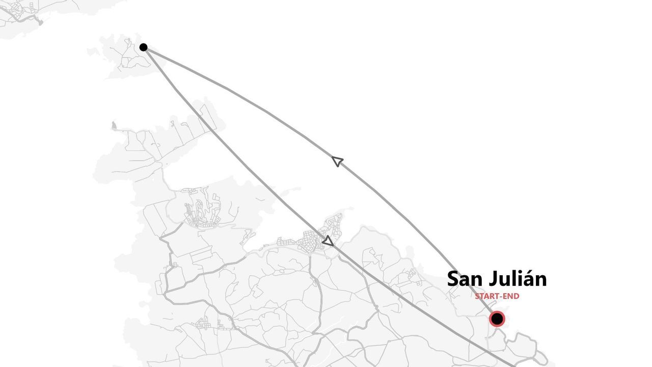 Mapa estilizado de una ruta de viaje que comienza y termina en San Julián, marcado con un pin rojo.