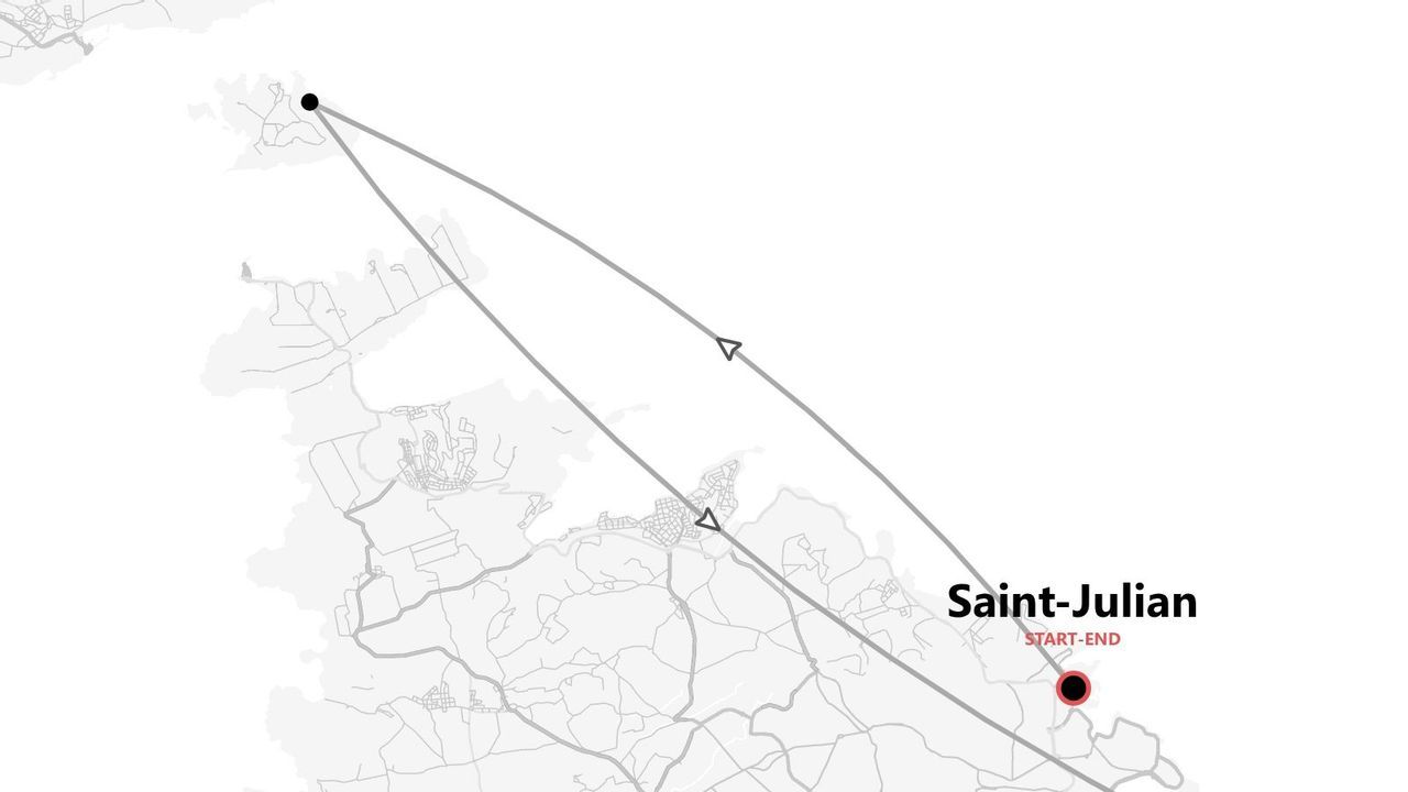 Carte en niveaux de gris d'un itinéraire circulaire, débutant et s'achevant à Saint-Julian, marqué d'un point rouge.