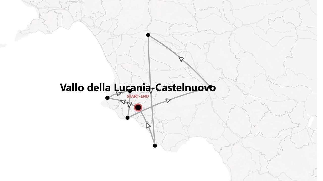 Una mappa che mostra un itinerario di viaggio circolare per Vallo della Lucania-Castelnuovo, con punto di partenza e arrivo.