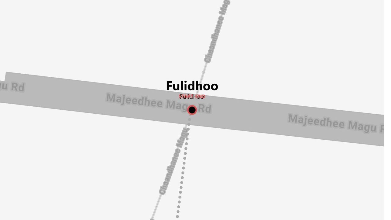 A map pinpointing Fulidhoo at the intersection of Majeedhee Magu Road and Chaandhanee Magu.