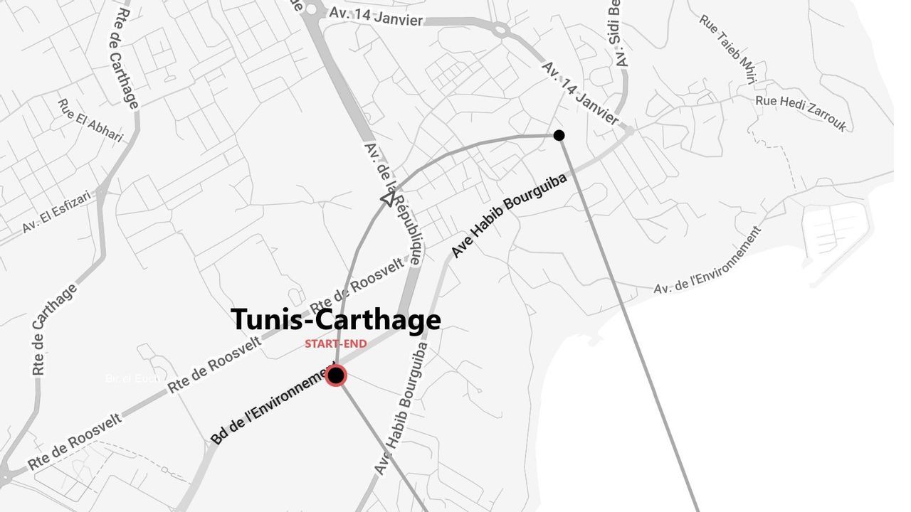 A black and white street map of the Tunis-Carthage route, highlighting the start and end point.