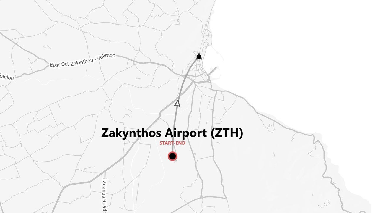 Una mappa che mostra la posizione dell'aeroporto di Zante (ZTH), contrassegnato come punto di inizio e fine per un percorso.