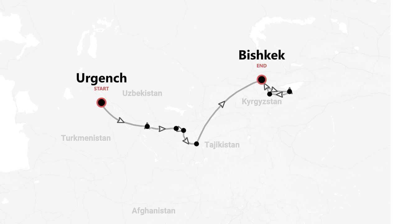 Una mappa che mostra un itinerario di viaggio che inizia a Urgench, Uzbekistan, attraversa il Tagikistan e termina a Bishkek, Kirghizistan.