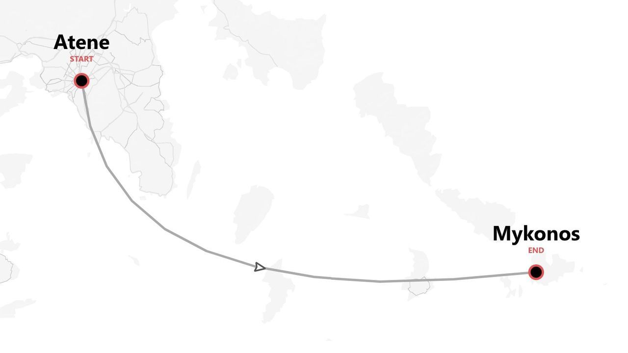 Mappa di un itinerario di viaggio da Atene a Mykonos.
