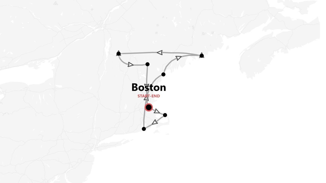 Mappa stilizzata che illustra un itinerario di viaggio con partenza e arrivo a Boston, il percorso è evidenziato da linee e frecce.