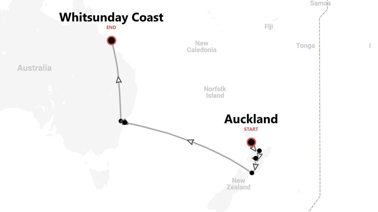 A map of a travel itinerary starting in Auckland, New Zealand, and ending at the Whitsunday Coast, Australia.