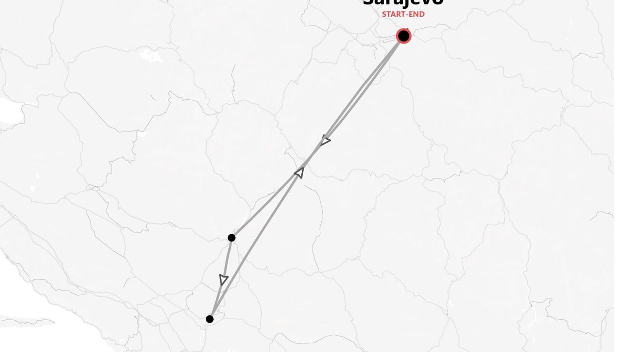 Eine Karte, die einen Rundreiseplan zeigt, der in Sarajevo beginnt und endet, mit mehreren eingezeichneten Haltestellen entlang der Route.