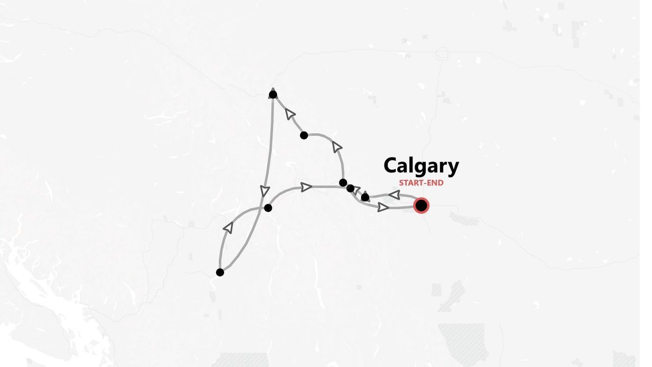 Une carte stylisée montrant un itinéraire de voyage qui commence et se termine à Calgary, marquée d'une épingle rouge.