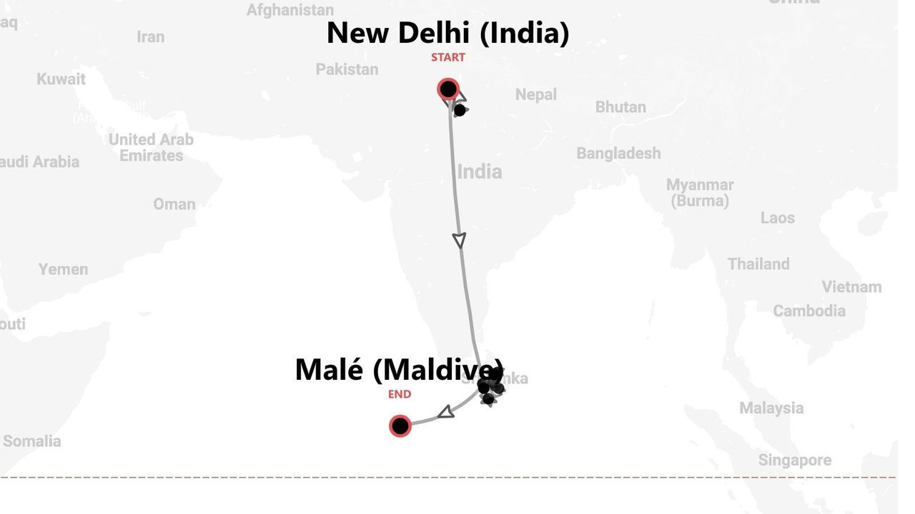 Una mappa che traccia un itinerario di viaggio da Nuova Delhi, India, a Malé, Maldive.