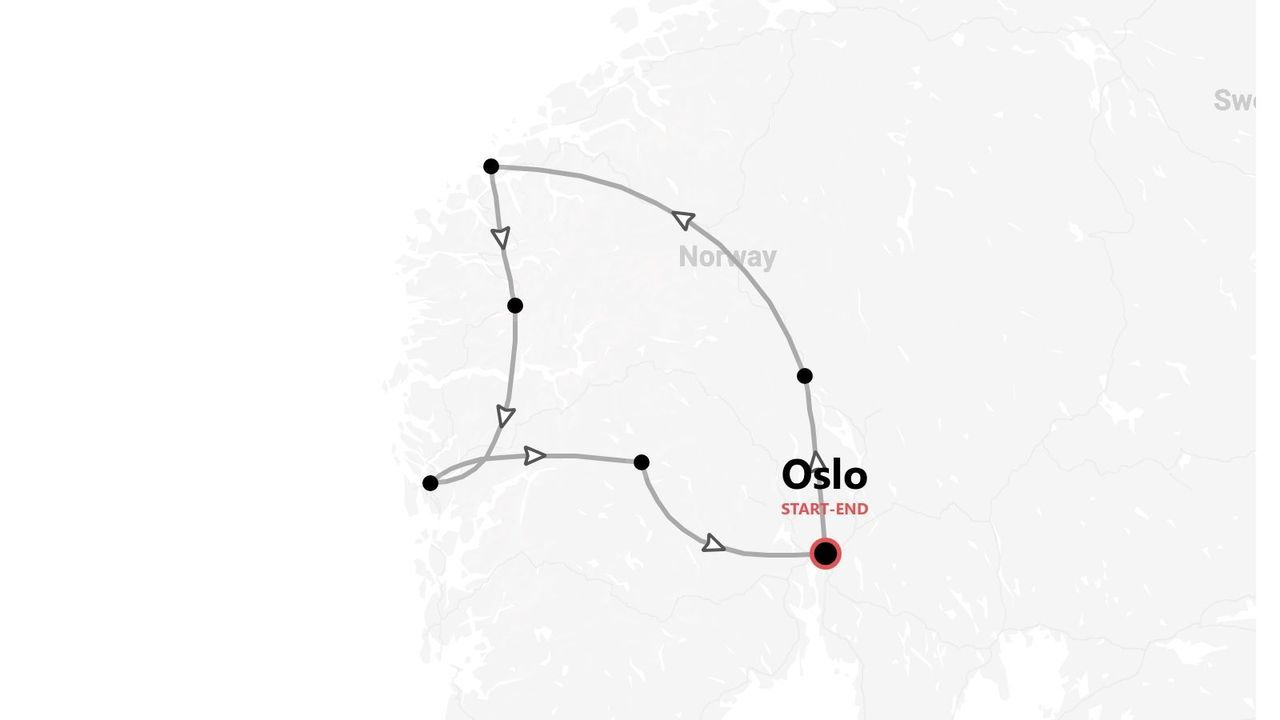 Mapa de itinerario circular por el sur de Noruega, con inicio y fin en Oslo.
