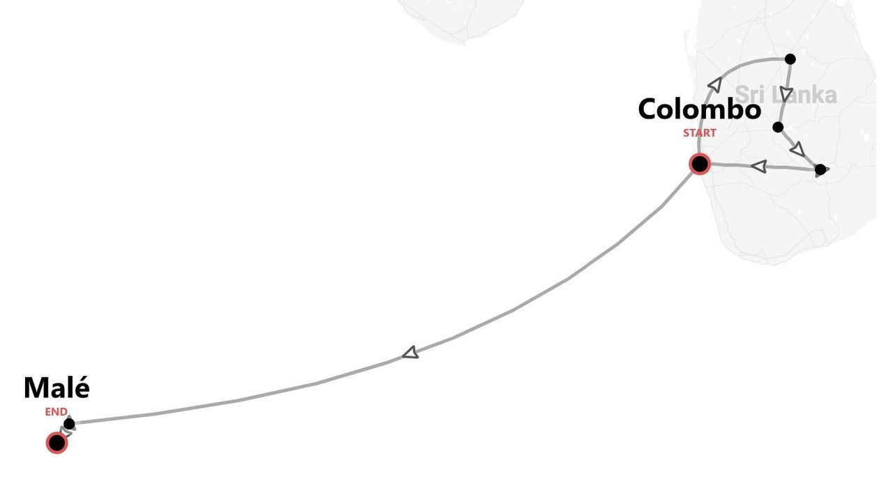 Mappa di un itinerario di viaggio con partenza da Colombo, giro dello Sri Lanka e arrivo a Malé.
