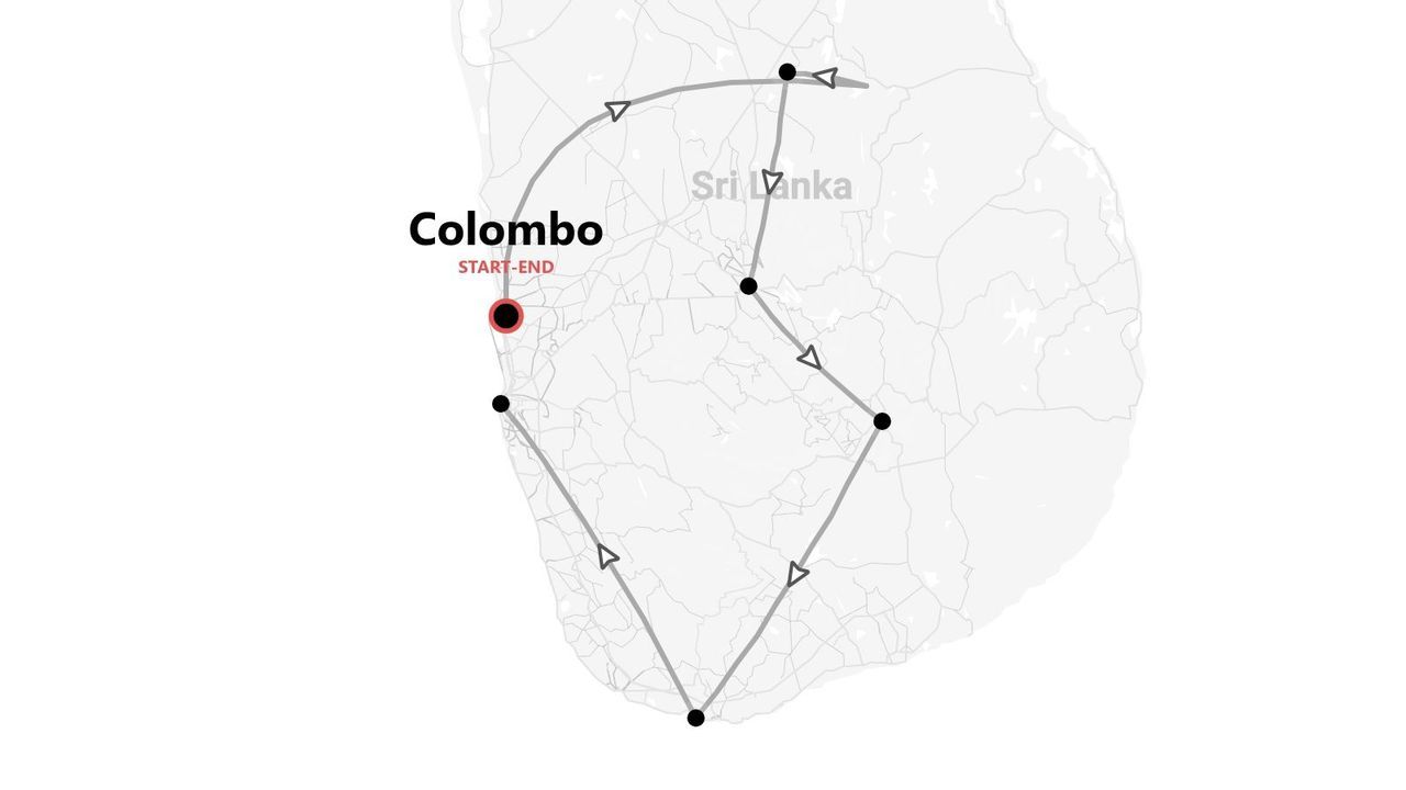Mapa de itinerario de viaje por Sri Lanka, con inicio y fin en Colombo.