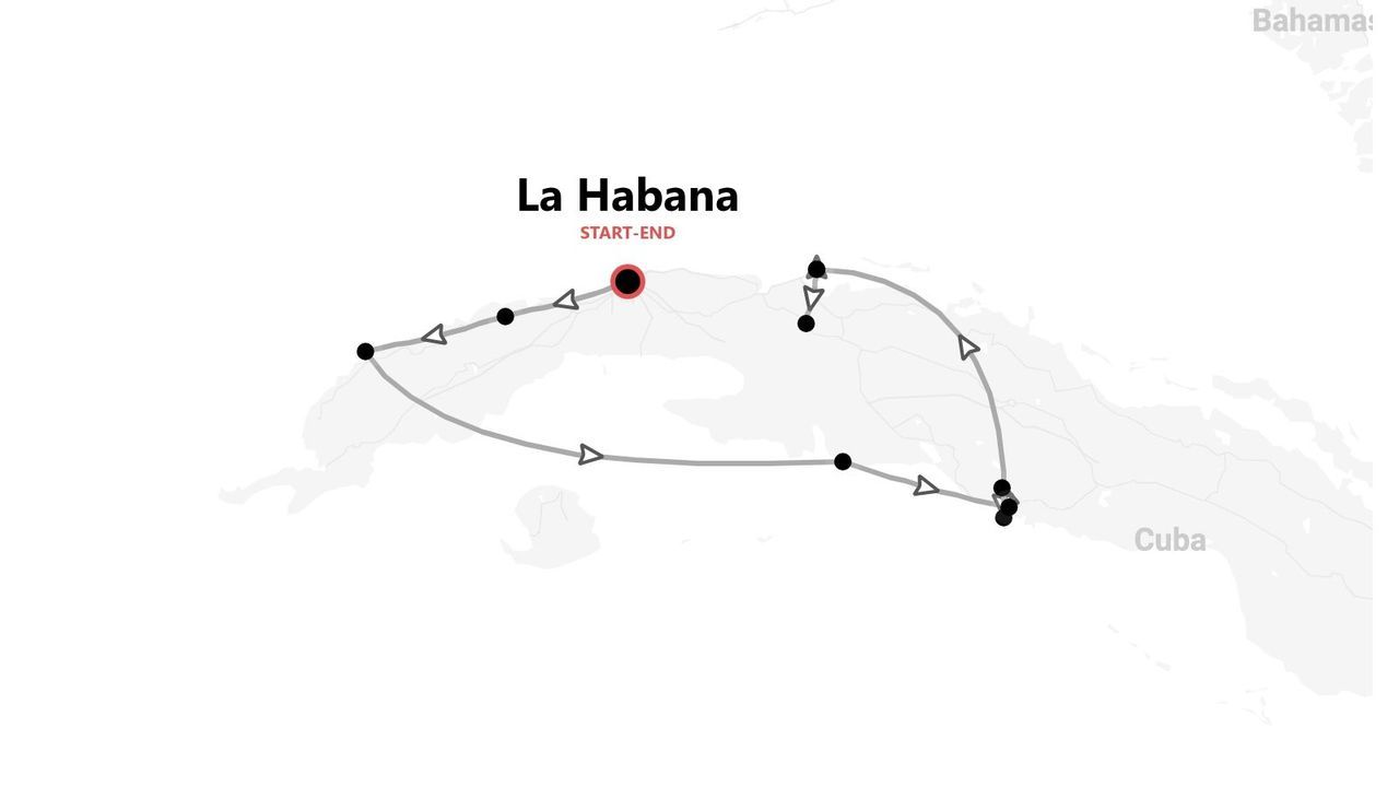 Mapa de ruta circular por Cuba, con inicio y fin en La Habana.