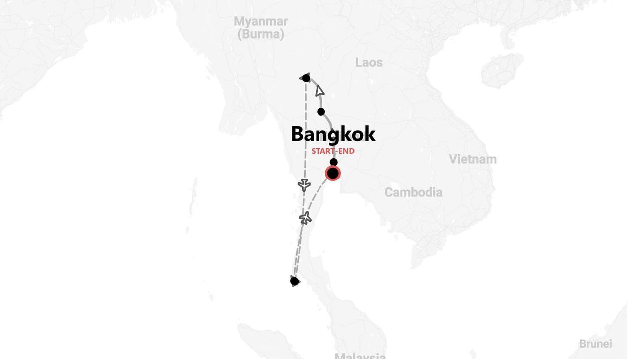Un mapa de una ruta de viaje en Tailandia, con un itinerario que comienza y termina en la ciudad de Bangkok, mostrando íconos de vuelos y barcos.