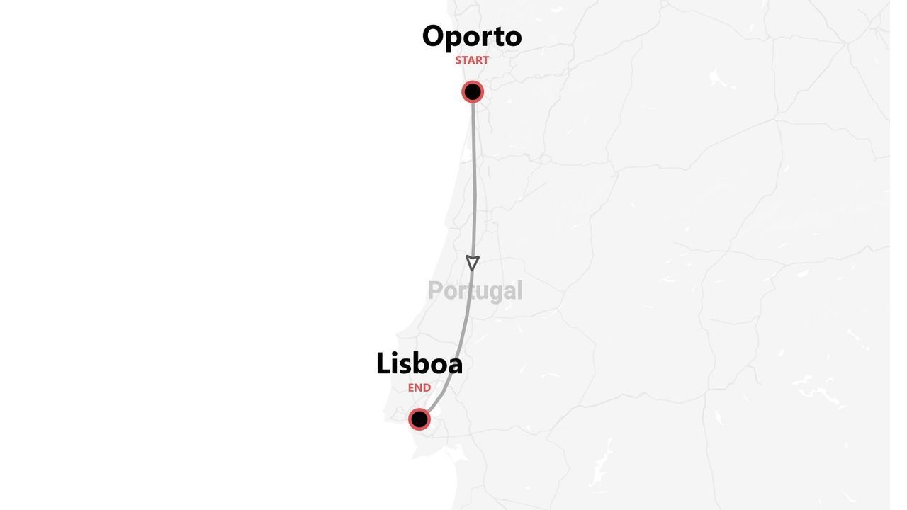 Un mapa de Portugal con una ruta de viaje que comienza en Oporto y termina en Lisboa.