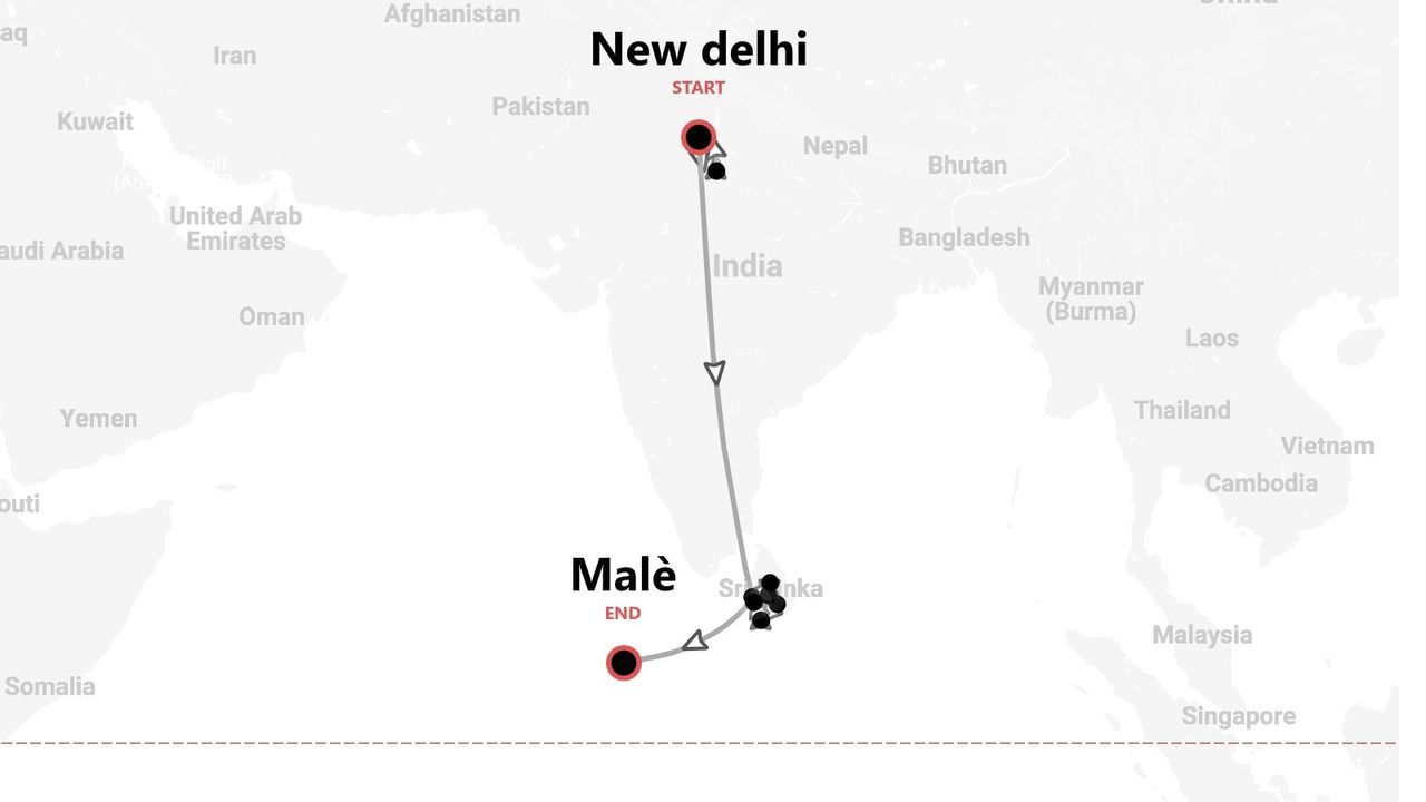 Un mapa mostrando un itinerario de viaje que comienza en Nueva Delhi, India, pasa por Sri Lanka y termina en Malé.