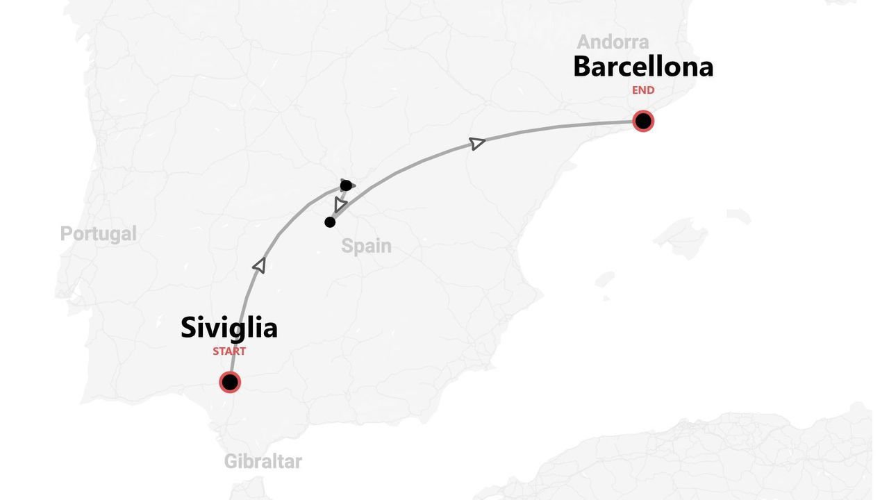 Una mappa della Spagna che mostra un itinerario di viaggio con inizio a Siviglia e fine a Barcellona.