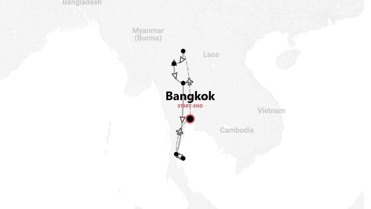 Une carte d'itinéraire de voyage en Thaïlande, avec un départ et une arrivée à Bangkok.