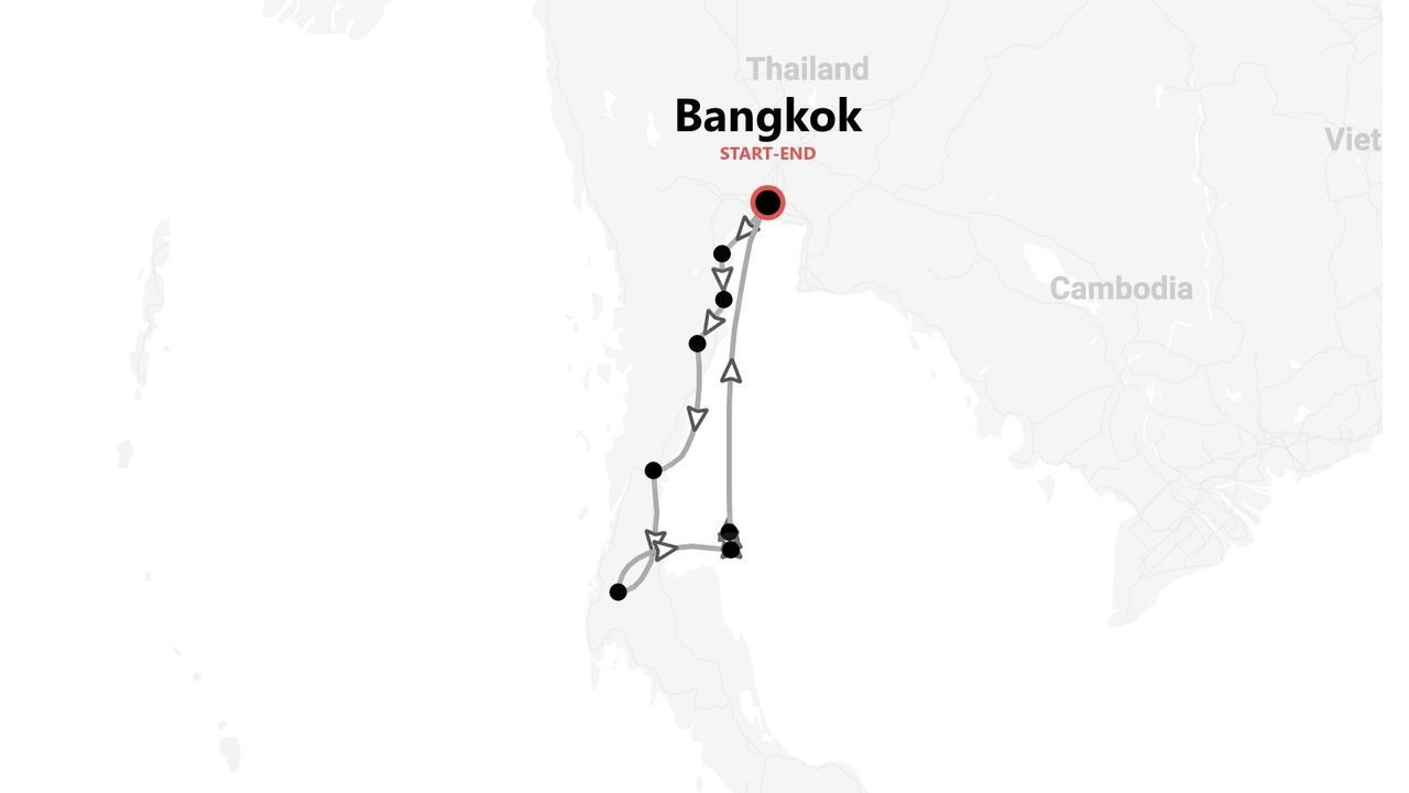 Eine Karte einer Thailand-Reiseroute, die in Bangkok beginnt und endet.