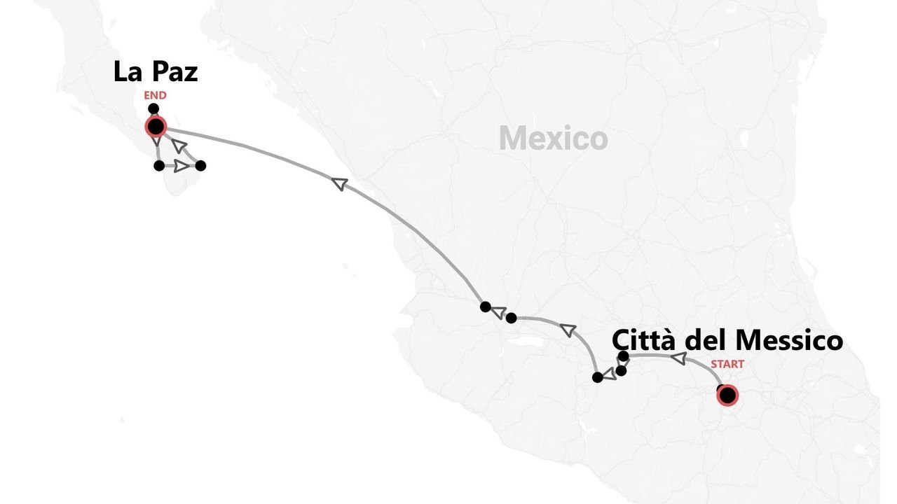 Una mappa del Messico che mostra un itinerario di viaggio con inizio a Città del Messico e fine a La Paz.