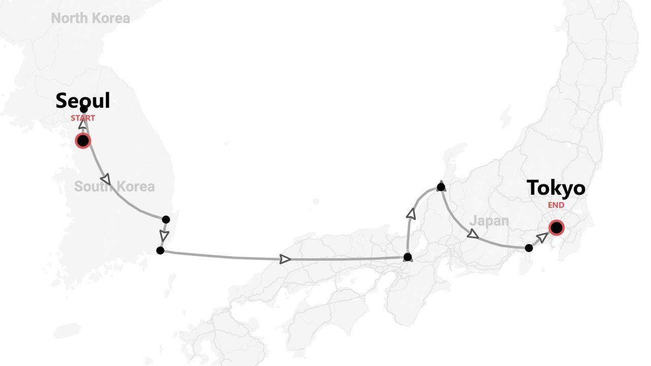 A map illustrating a travel route that starts in Seoul, South Korea, and ends in Tokyo, Japan.