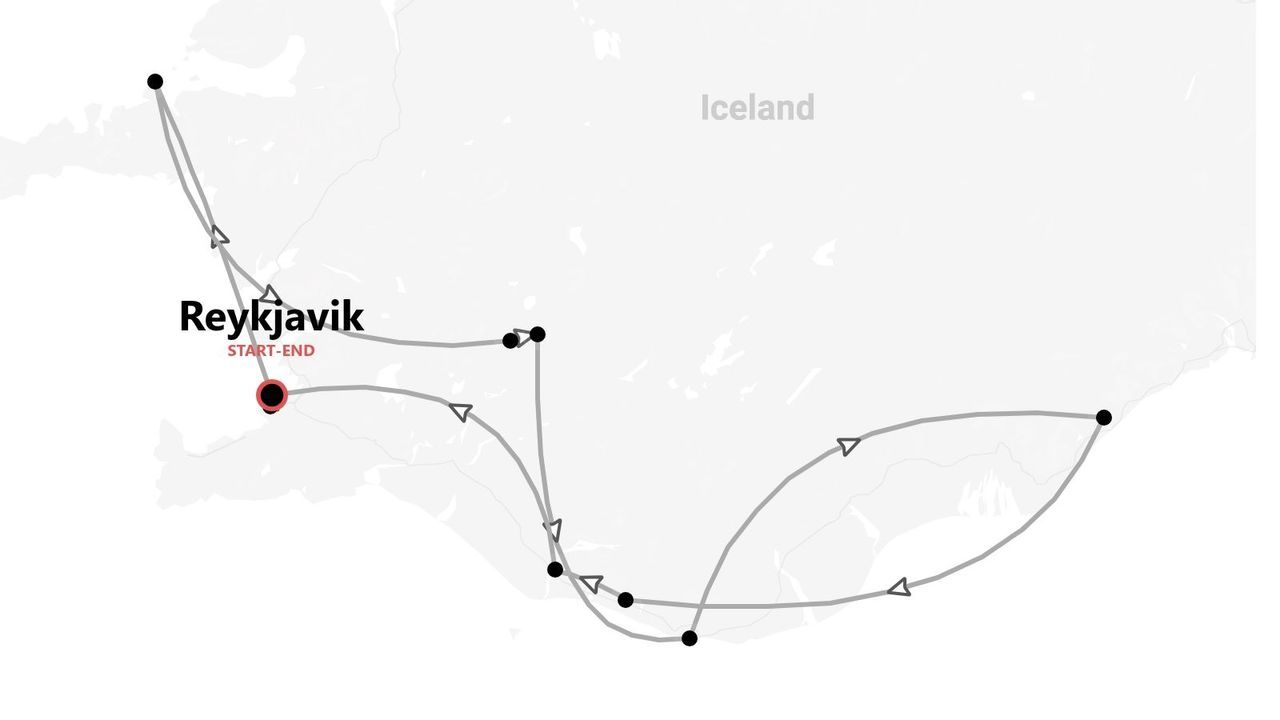 Una mappa in scala di grigi dell'Islanda che mostra un itinerario turistico con tappe, con partenza e arrivo nella capitale, Reykjavik.