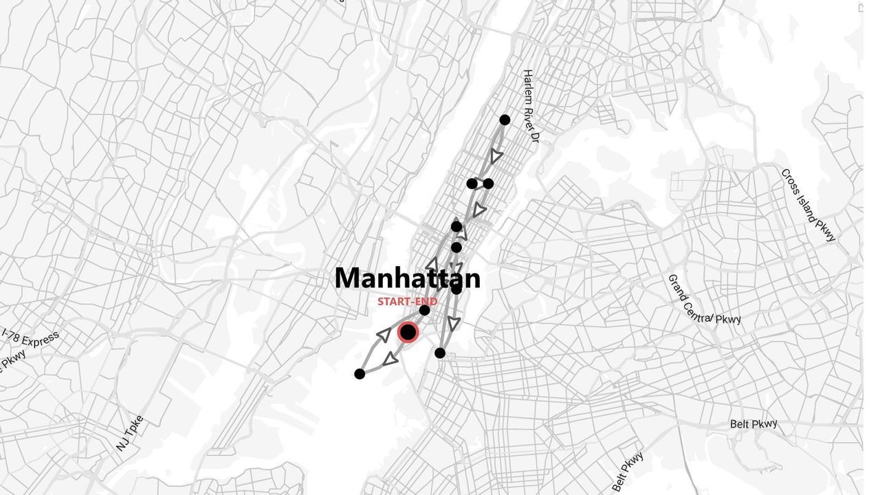 Un mapa estilizado de Manhattan que muestra una ruta de viaje marcada con puntos y flechas, con un punto de inicio y un punto final designados.