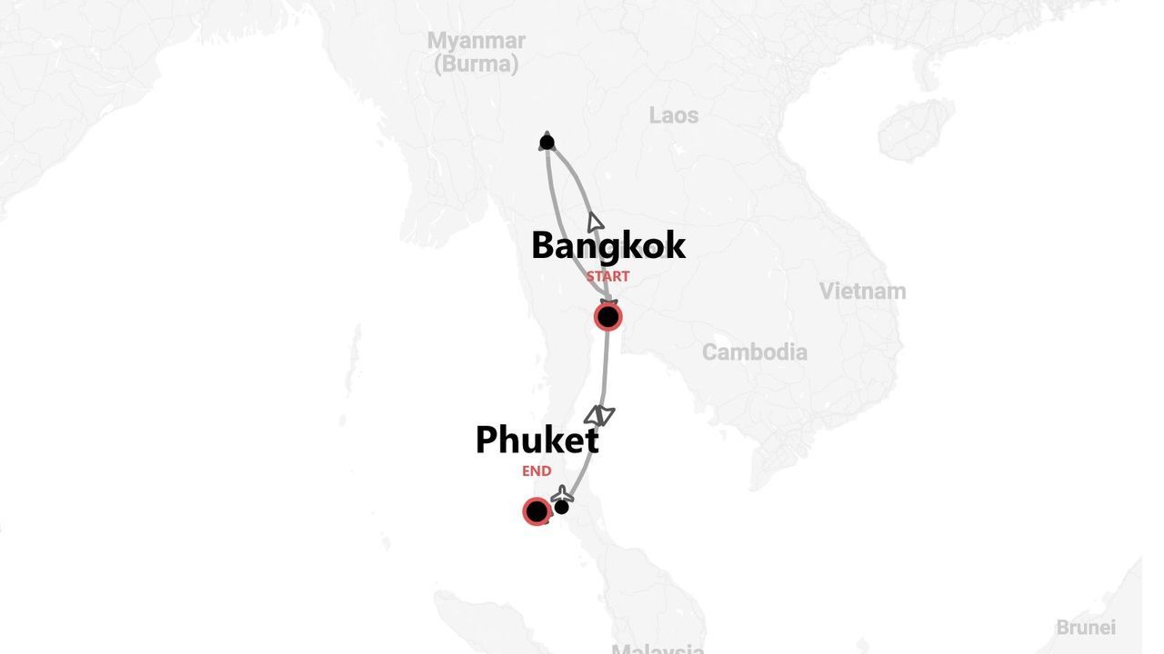 A map of Thailand showing a travel itinerary that starts in Bangkok and ends in Phuket.